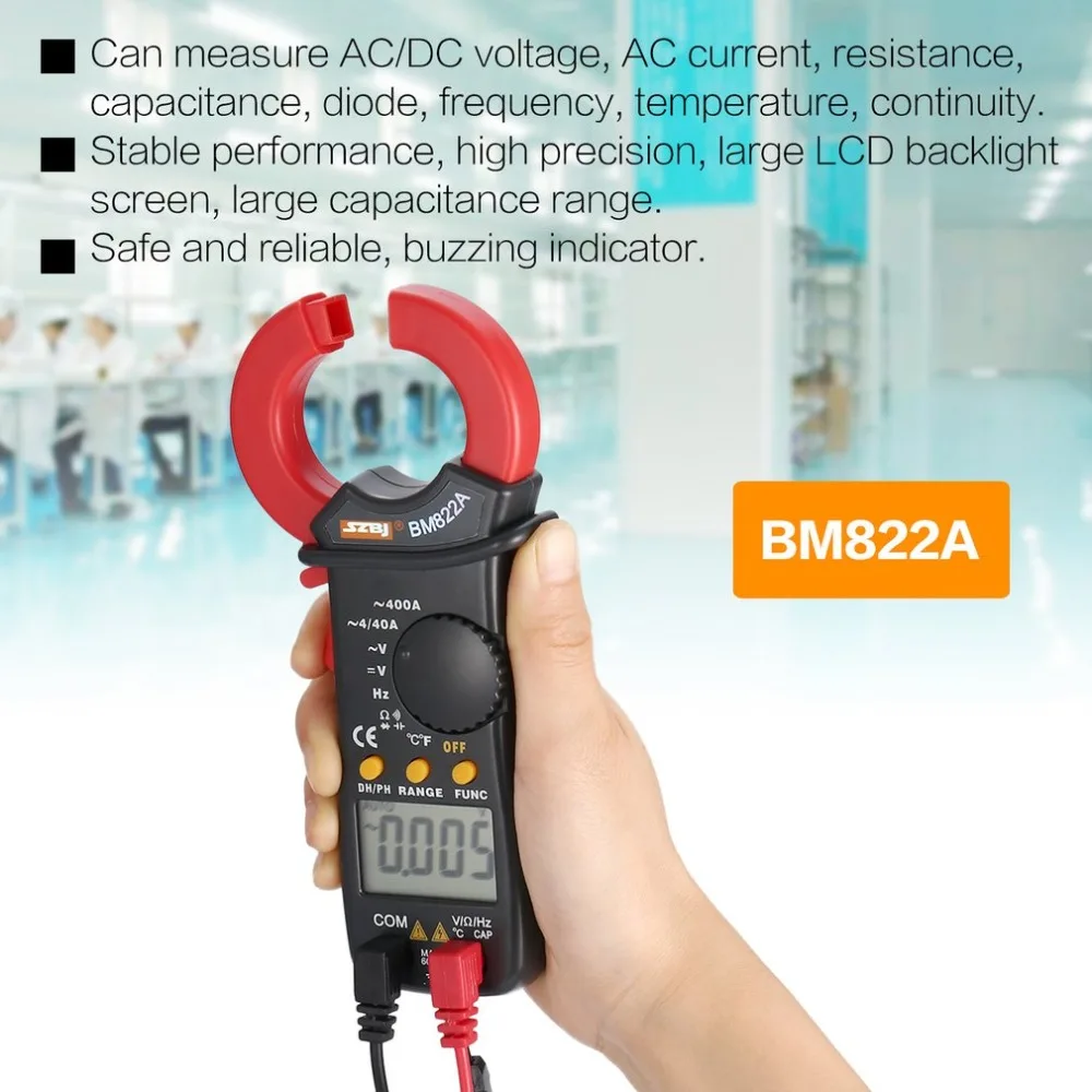 

SZBJ BM822A Digital DC/AC Clamp Meter Multimeter Volt Amp Ohm Diode Temp Capacitance Tester Handheld Ammeter Tester