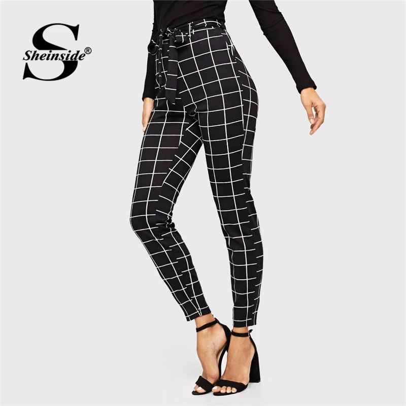 Skup Sheinside Skinny Grid spodnie z paskiem eleganckie spodnie damskie modny, z kieszeniami w pasie czarno białe spodnie w kratę Capris