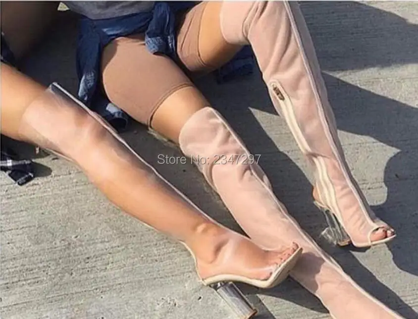 2016 Spring Autumn Women Clear Thigh High Boots PeepToe Over-the-knee Crystal Heel Transparent women Boots Perspex High Heel