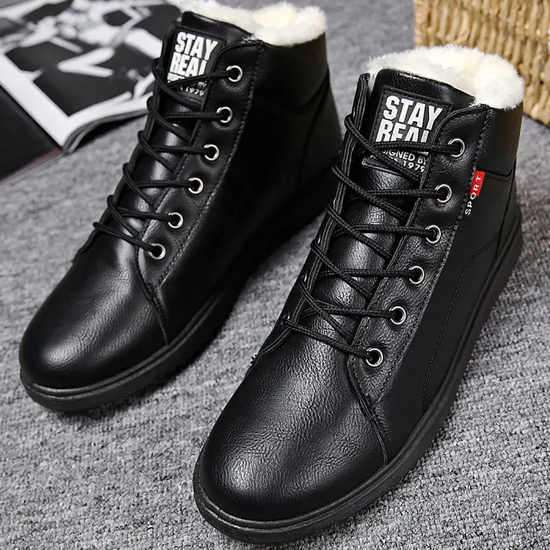 Большие размеры 45; мужские ботинки из искусственной кожи; модные однотонные удобные мужские ботильоны на шнуровке; короткие плюшевые зимние ботинки; мужская повседневная обувь - Цвет: Black