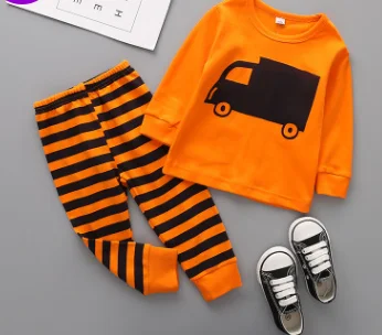 Детская одежда для мальчиков повседневные топы с длинными рукавами и мультяшным автомобилем, футболка для мальчиков штаны в полоску комплекты одежды для мальчиков От 3 до 8 лет из 2 предметов - Цвет: Оранжевый