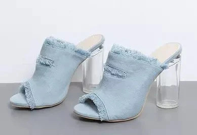 

Factory Real Photo Brand Women Shoes Sweet Transparent Thick High heel Denim Slip-on Sandals Graceful Light Blue Jeans Slippers