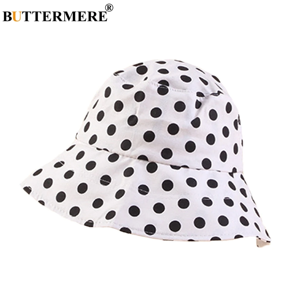 

BUTTERMERE Summer Bucket Hat Ladies White Black Polka Dot Fishing Cap Women Elegant Outdoor Beach Female Anti-UV Sun Hat Fashion