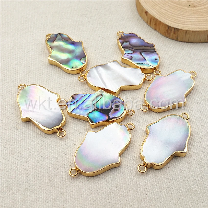 

WT-C158 Natural Abalone Shell Connector for Jewelry Making , Hand Shape Shell Palm Connector with gold color in high quality