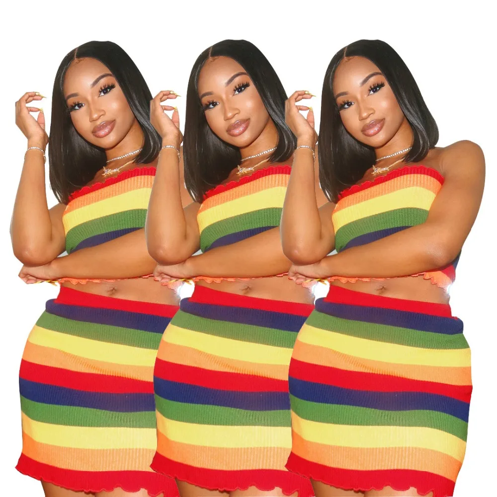 new women summer strapless Rainbow crop top mini skirts tracksuit two piece set beach fashion dress GLD9006