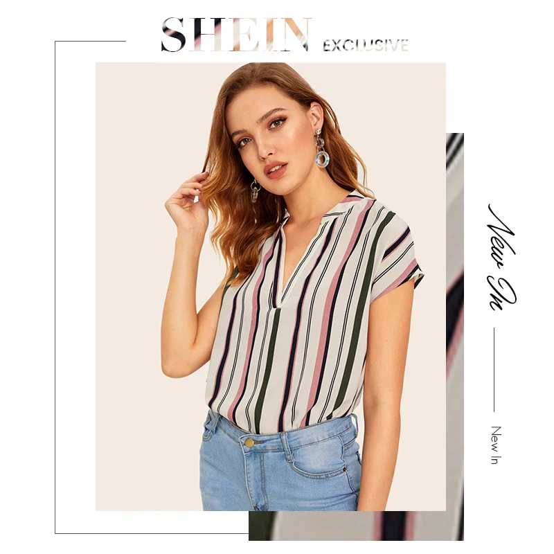 SHEIN, разноцветный топ в полоску с v-образным вырезом, летняя блузка, женская летняя рабочая одежда с глубоким подолом и рукавом-крылышком, повседневные женские топы и блузки