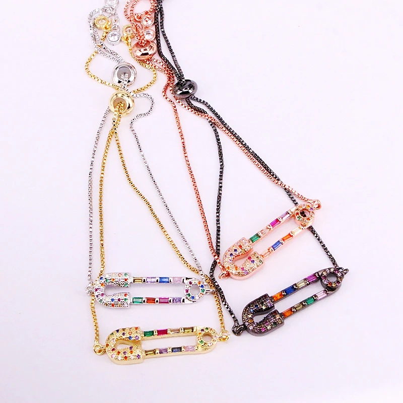 

6PCS, Hot Fashion Adjusted Bracelet Colorful Zirconia Rainbow CZ Pin Link Chain Bracelets Jewelry For Women