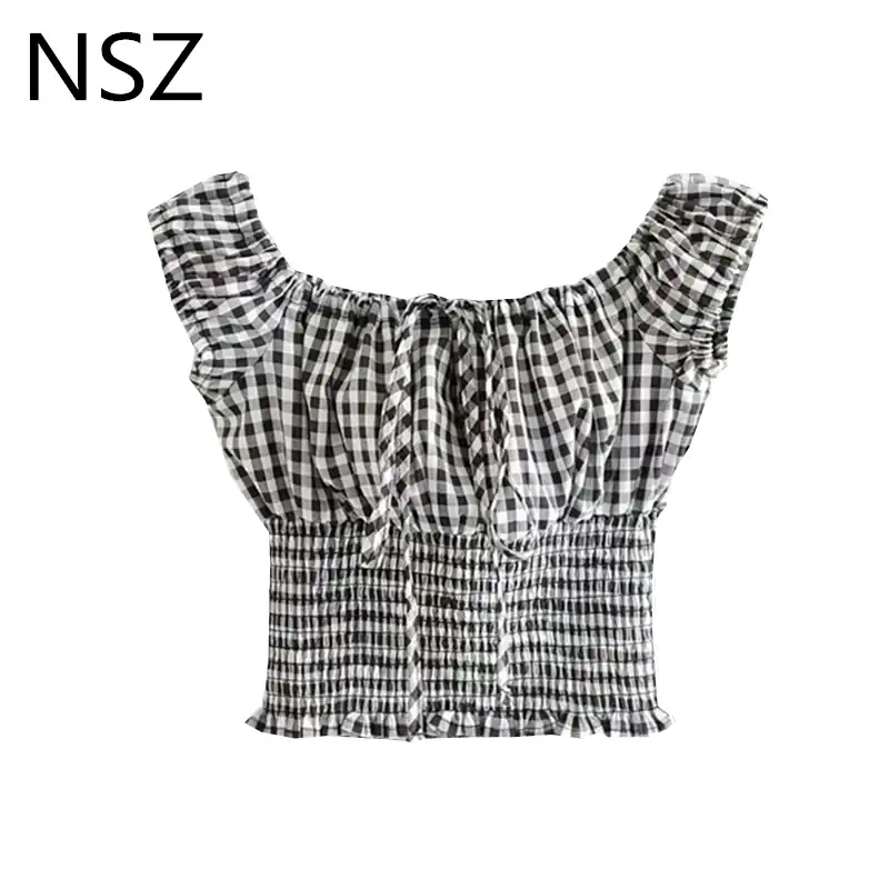 black and white checkered off the shoulder top