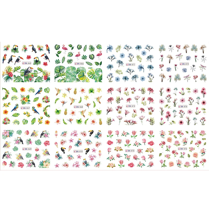 

1 set 12 Nail Designs Water Transfer Sticker Summer Rose Daisy Flamingo Flower Pattern DIY Tattoo Slider Charms sticker for Nail