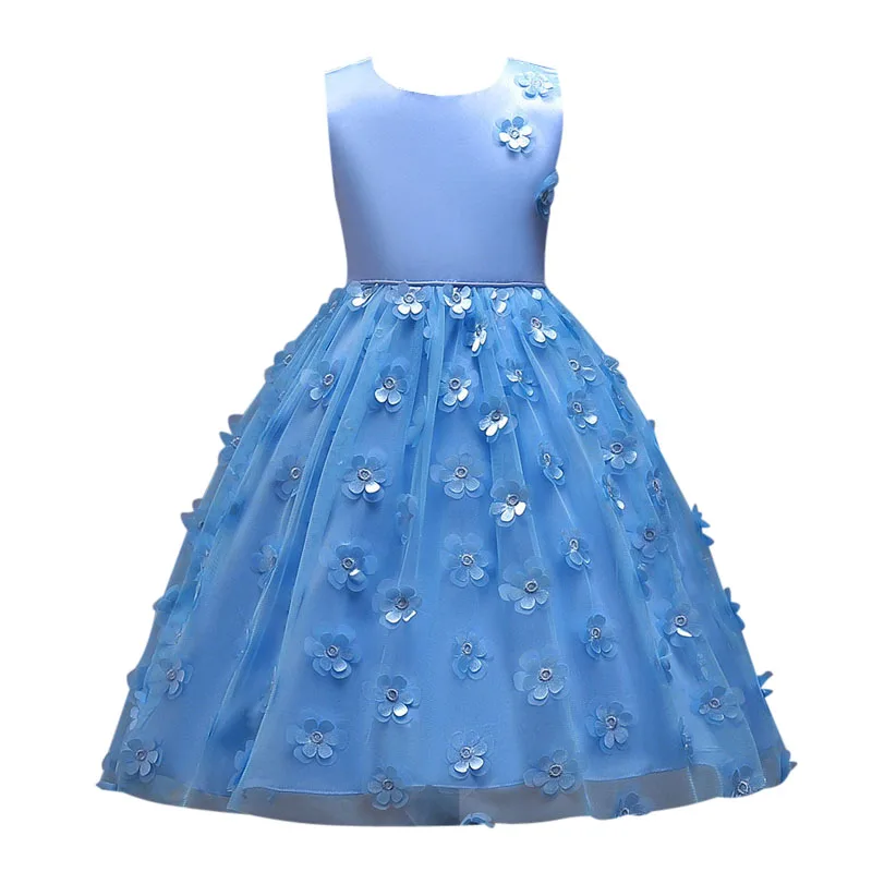 Разноцветное Летнее Детское торжественное платье для девочек вечерние платья принцессы из тюля с цветочным рисунком на день рождения платье для первого причастия для девочек - Цвет: Синий