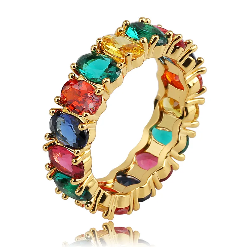

Hip Hop Wedding Engagement Large AAA Zircon Rainbow Ring Party Rapper Jewelry Gift with Ring Box for Mens Womens