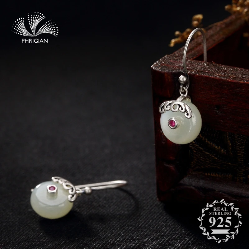 

NOT FAKE S925 Fine Jewelry Earrings 925 Sterling Silver Women Handmade Vintage Nature Retro Exquisite Semi Gemstone jade oval