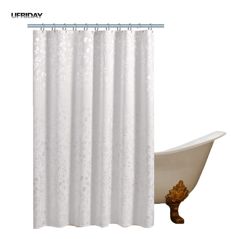 UFRIDAY Elegant White Floral Pattern Shower Curtain Satin Thicken Fabric Bath Curtain for Shower