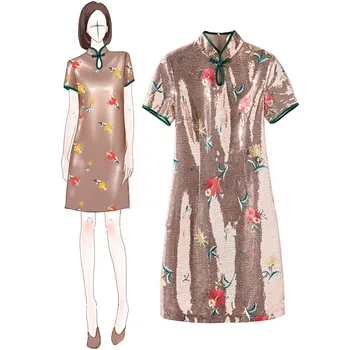 

Vintage Women Sequins Mini Qipao Elegant Female Embroidery Flower Slim Thin Cheongsam Chinese Traditional Mandarin Collar Dress