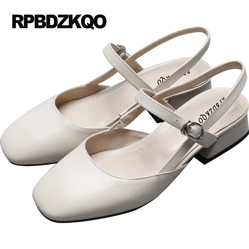 Slingback Босоножки сезона 2017 г. высокий каблук квадратный носок Кожаные туфли-лодочки низкая новый толстый Ретро бежевый Для женщин Размер 4 34 н...