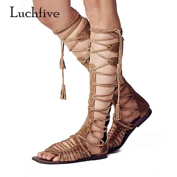 

New Sexy Cross Strap Suede Gladiator Sandals Women Open Toe Bandage Flat Shoes Woman Fashion Knee Boots Summer