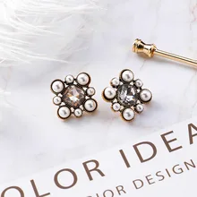 Винтаж темперамент простой барокко Имитация Жемчужный Цветок из горного хрусталя серьги гвоздики для женщин ювелирные изделия подарок