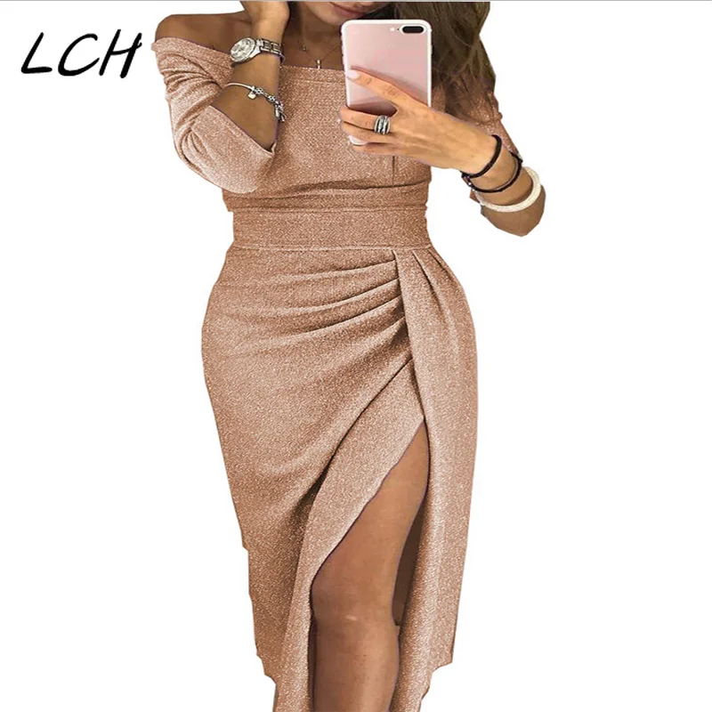 

Women Off Shoulder Party Dress 2018 High Slit Peplum Dresses Autumn Elegant Women's Bodycon Dress Vestidos
