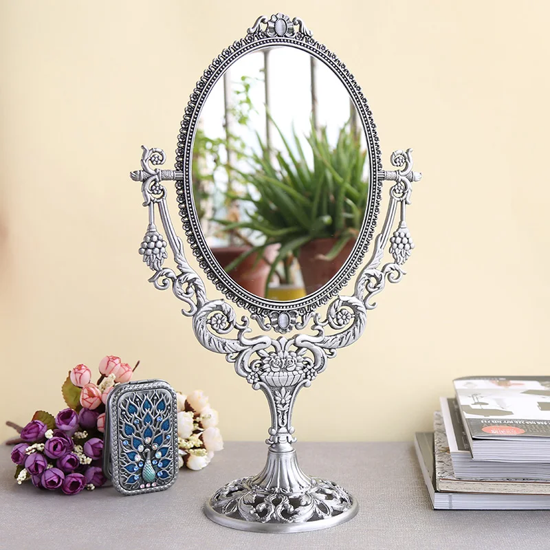 European Vintage Grape Branch with Flowers Design Antique Brass 6x8 inches Double-sided Metal Table Decor Swing Cosmetic Mirror