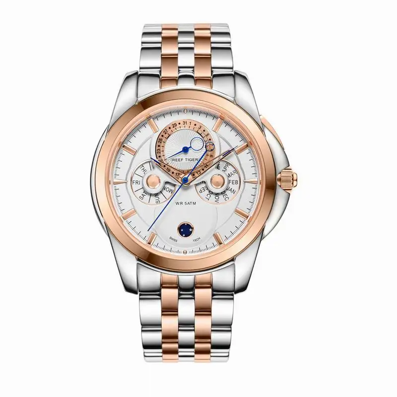 Reef Tiger/RT роскошные часы из розового золота мужские многофункциональные кварцевые часы с календарем и фазой Луны RGA830 - Цвет: RGA830PWT