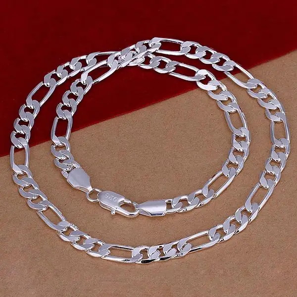 Высокое качество 925 штампованный посеребренный мужской модный ювелирный набор 8 мм плоская Фигаро цепочка ожерелье и браслет 2 шт набор мужской bijoux - Окраска металла: Necklace