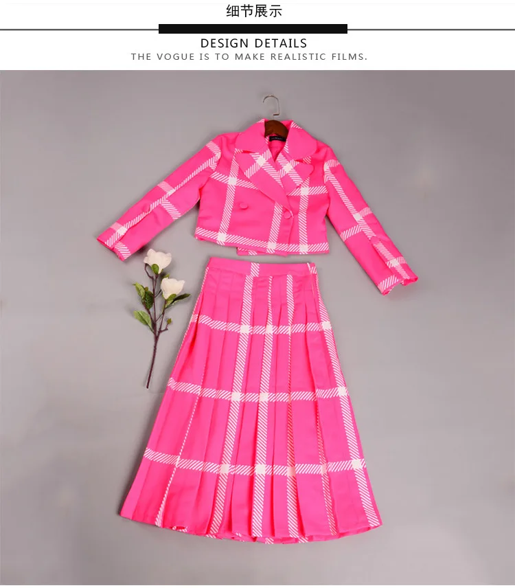 Осенне-зимний клетчатый комплект из двух предметов, топ и юбка, короткий топ с двубортной плиссированной юбкой до середины икры, розовый костюм с платьем