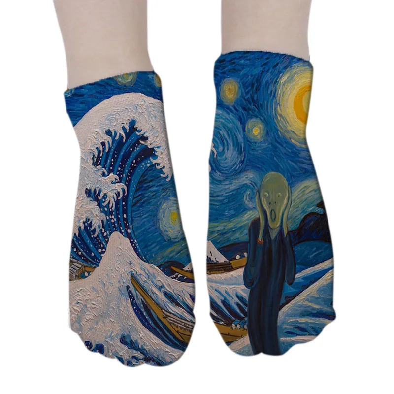 Хлопковые носки с принтом, женские Носки с рисунком, женские мужские носки Харадзюку, забавные носки с изображением звездной ночи, Прямая поставка, короткие носки, 7S-ZWS54