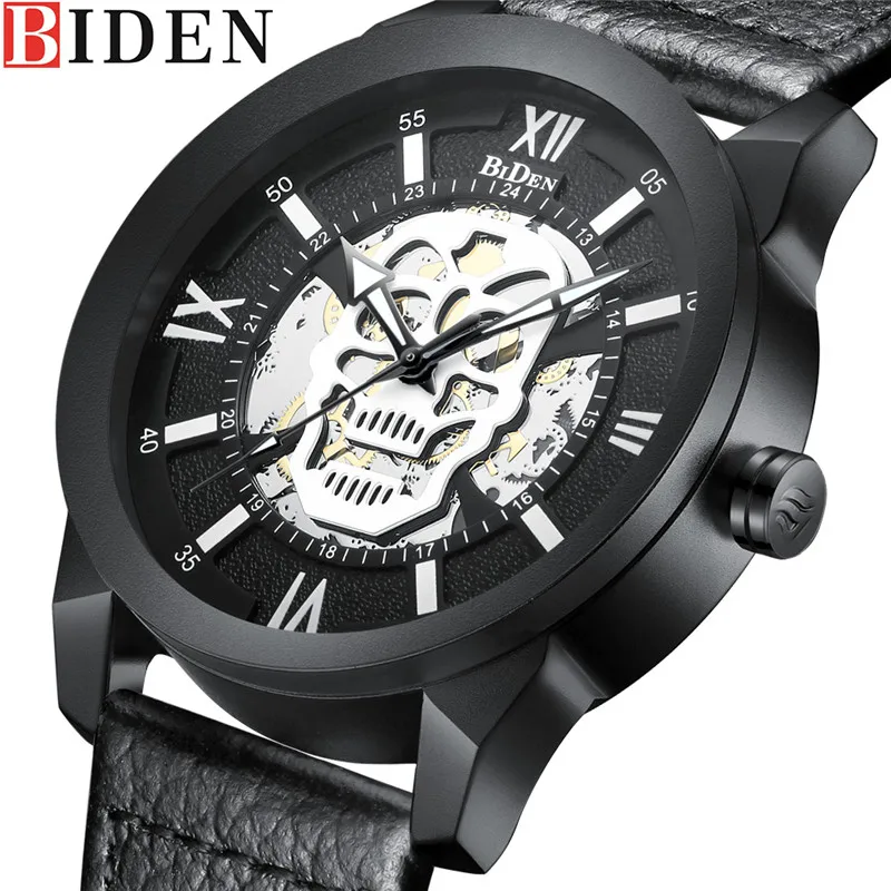 

BIDEN Men Watch Top Brand Luxury Sport Mens Watches Skull Dial Leatherl Military Army Business Fashion Quartz Male Clock