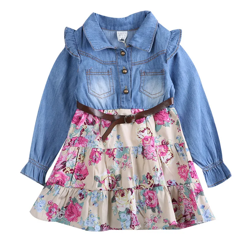 

Toddler Kid Baby Girl Long Sleeve Party Pageant Floral Denim Newborn Infant Summer Flowers Dress Clothes 2-6Y New Fashion