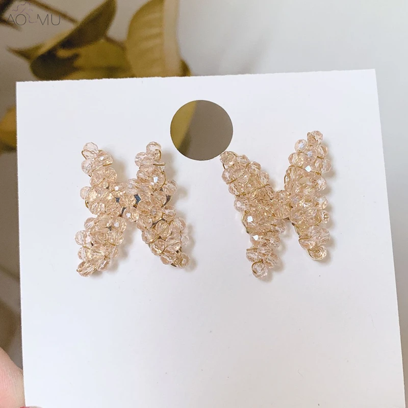 

AOMU Summer New Design Fashion Handmade Weaving Crystal Geometric Butterfly Stud Earrings for Women Girl Party Gift Jewelry
