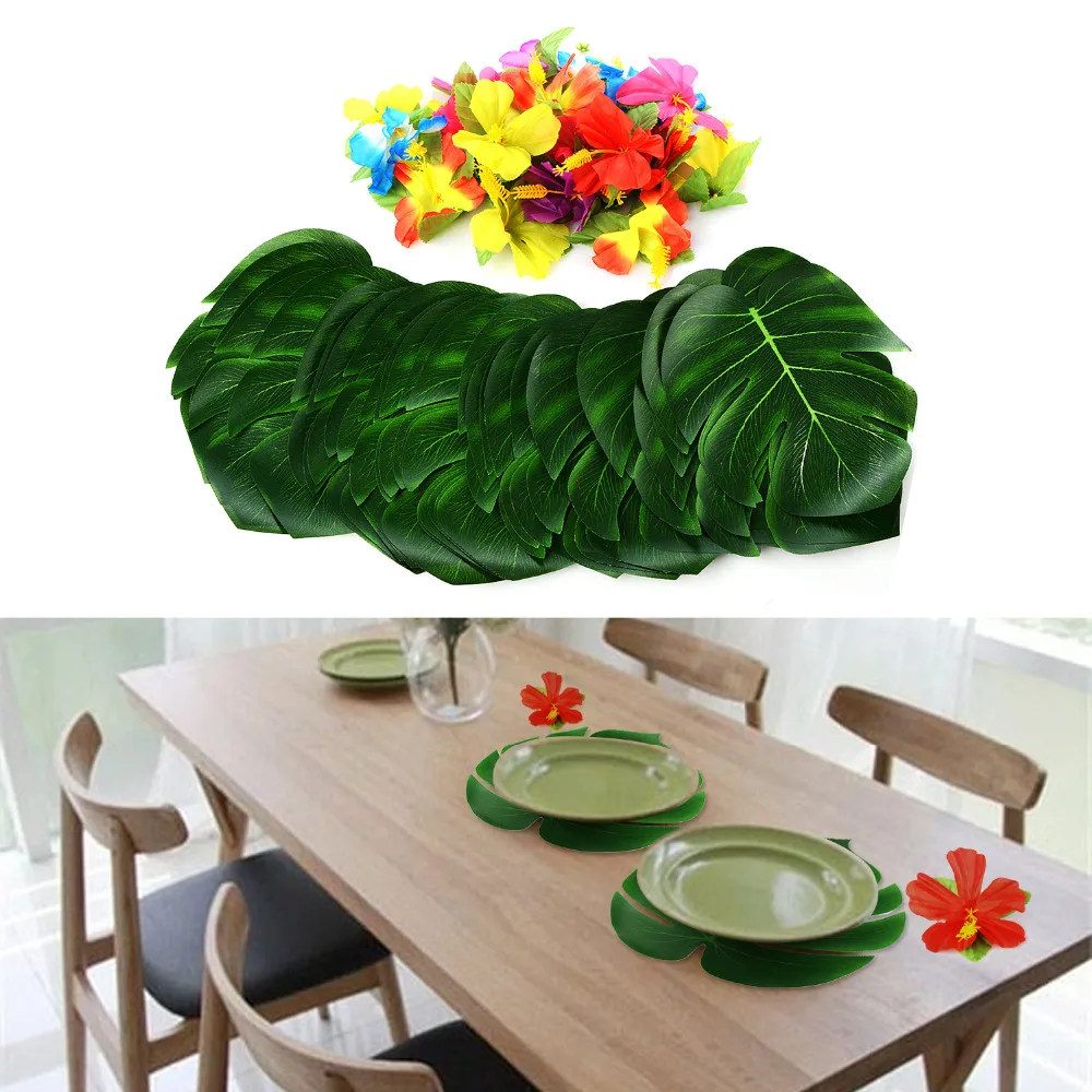54Pcs Party Decoration Supplies Tropical Palm Leaves Hibiscus Flowers Simulation Leaf For Hawaiian Jungle Beach Party DIY Decor