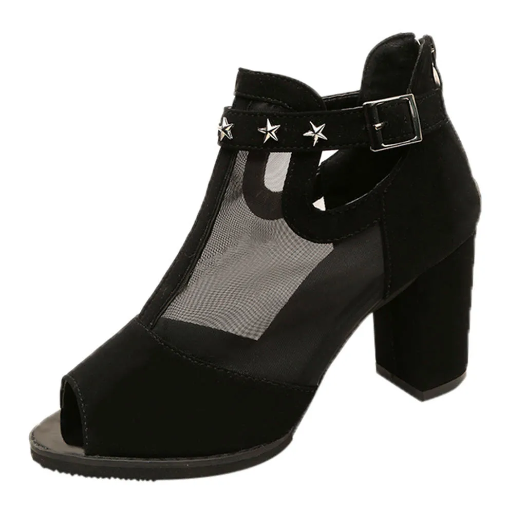 

SAGACE Luxury Women Sandals Flat with Outside Women's Wild Open Toe Buckle Mesh High Heel Thick Heel Shoes Fish Mouth Sandals