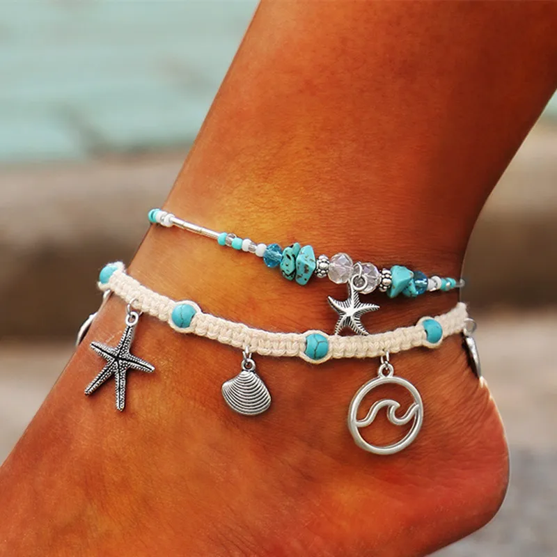 

DIEZI Bohemian Multilayer Shell Starfish Wava Anklet Natural Stone Anklet Vintage Bracelets for Women Summer Beach Jewelry