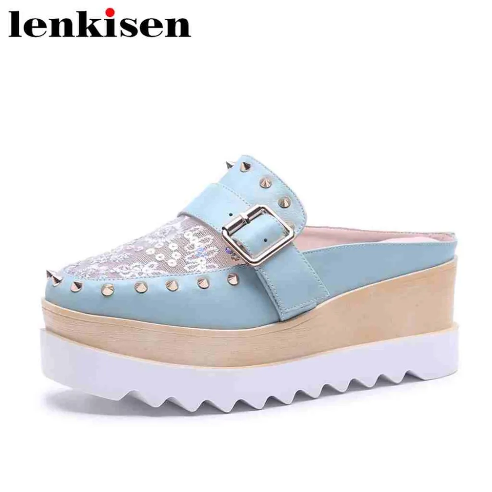 

Lenkisen high fashion square toe slip on high wedges bottom cow leather mesh big size metal buckle rivets mules women pumps L57