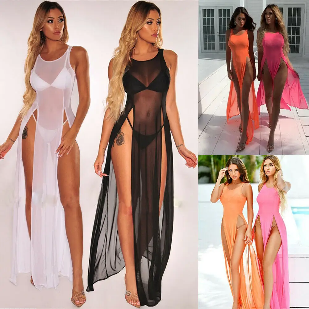

Women's Mesh Sheer Beach Swimsuit Swimwear Bikini Cover Up Split Long Maxi Dress