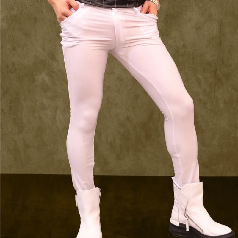Мужские эластичные брюки-карандаш из лайкры размера плюс, обтягивающие брюки для волос, повседневные мягкие брюки, облегающие ботинки для ночного клуба - Цвет: White