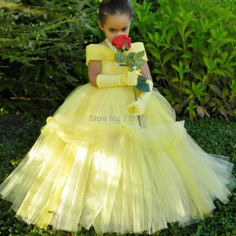 Amazing Beautiful Girl Birthday Party Dress Halter Off Shoulder Yellow Pageant Ball Gowns for Girls children Kids Clothes Skirt