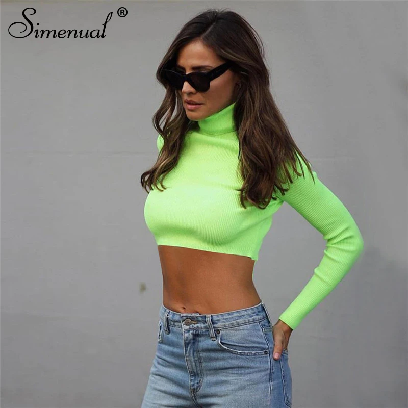 

Simenual Knitted turtleneck t shirts women fluorescent color crop tops long sleeve fitness tee shirt sexy hot slim jumpers sale