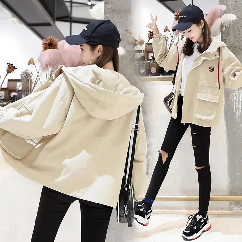 Женская Осенняя куртка 2018 Корейская версия Harajuku с капюшоном BF однобортное