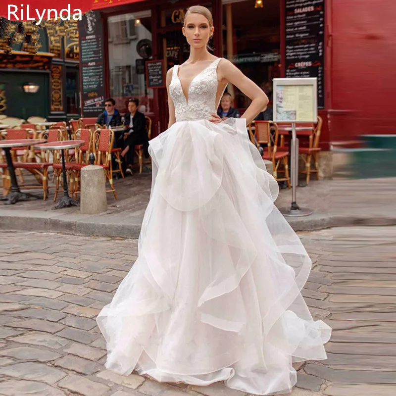 

Wedding Dresses 2019 V-neck Organza&Tulle&Appliques Bridal Gowns Backless vestido de noiva free Veil as Gifts