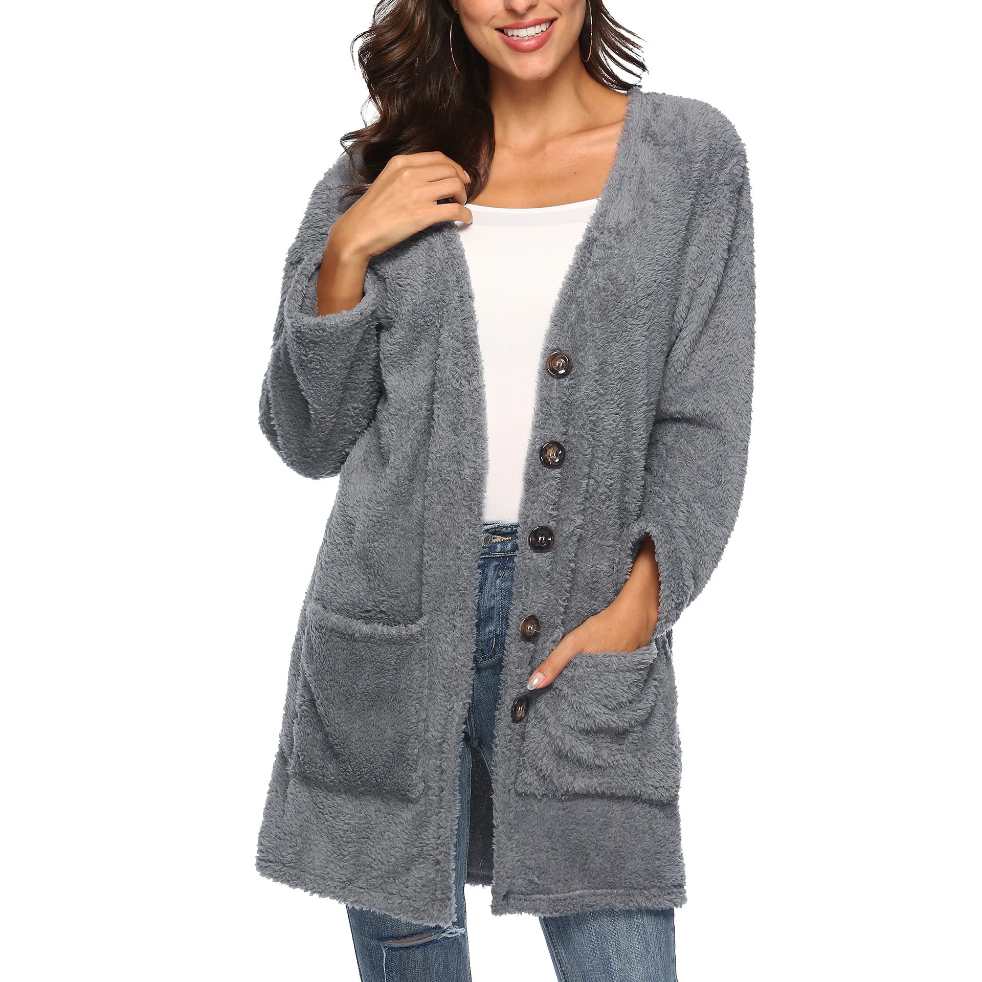 Плюс бархат толстый флисовый свитер для женщин зимний длинный Plash кардиганы для женщин s свитер джемпер Pull Femme верхняя одежда сексуальные кардиганы - Color: Gray