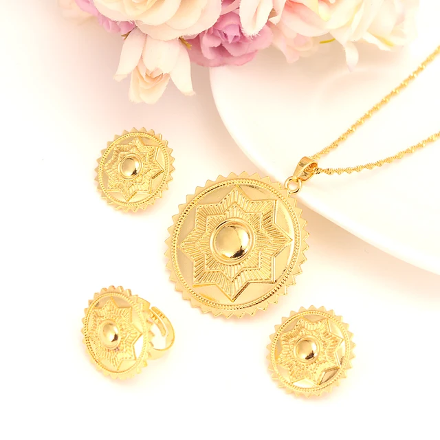 22 K Solid Gold Filled Star Polka Dot Jewelry Set Habesha Eritrean Women Wedding Fashion Ring Earrings Pendant 22 K Solid Gold Filled Star Polka Dot Jewelry Set Habesha Eritrean Women Wedding Fashion Ring Earrings Pendant