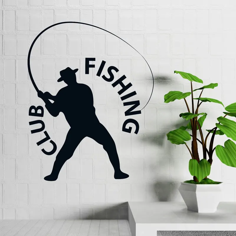 Fishing Club Fisherman Hobby Man With Hat Vinyl Wall Decal Home Decor Interior Mural Removable Poster Wallpaper FS08 | Дом и сад