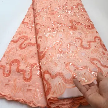 

Peach Sequin Net Fabric High Quality Hand cut Organza Lace Fabrics 2019 Embroidered African Beaded Lace Fabrics For Party RG333