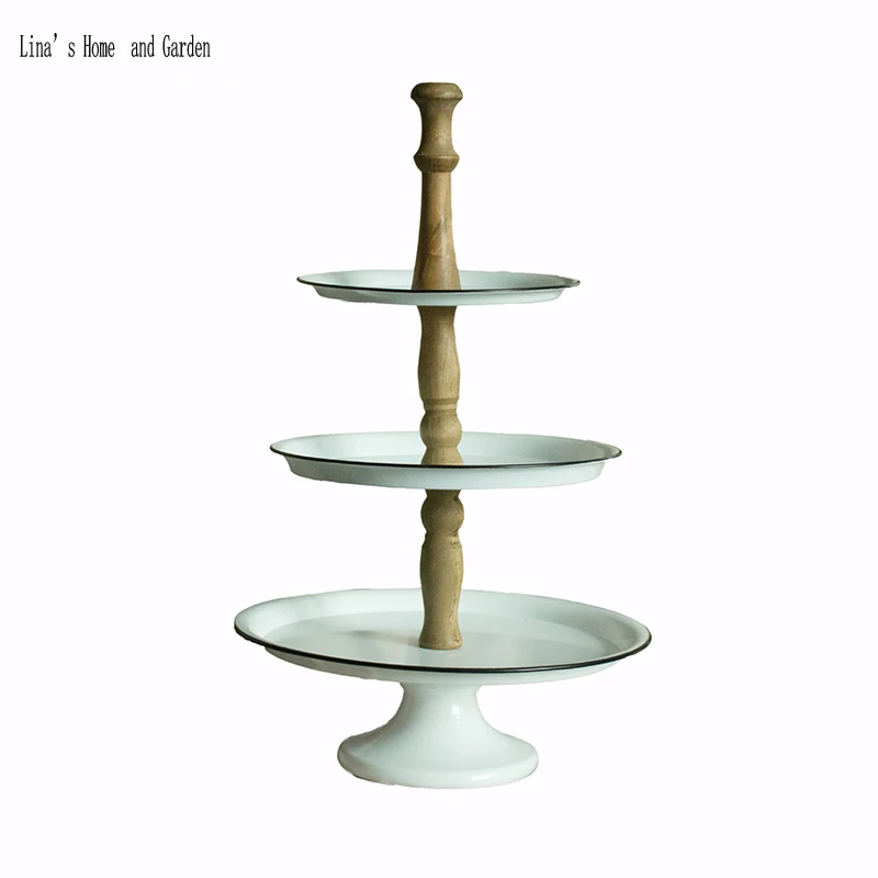 

knock down porcelain alike handmade wood metal three tiered cake serving tray
