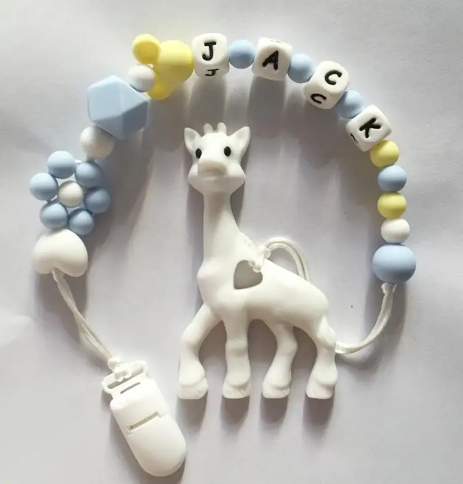 Персонализированные Имя Силиконовые Прорезыватели соски зажимы с жирафом силиконовый Прорезыватель Соска цепь ожерелье для ребенка жевательные игрушки - Окраска металла: white
