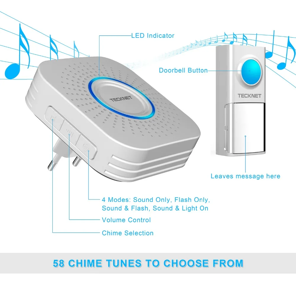 TeckNet Wireless Doorbells Cordless 150M Door Chime Bell Kit IP55 Waterproof with LED Indicator 58 Chimes Melodies EU/UK Plug TeckNet Wireless Doorbells Cordless 150M Door Chime Bell Kit IP55 Waterproof with LED Indicator 58 Chimes Melodies EU/UK Plug