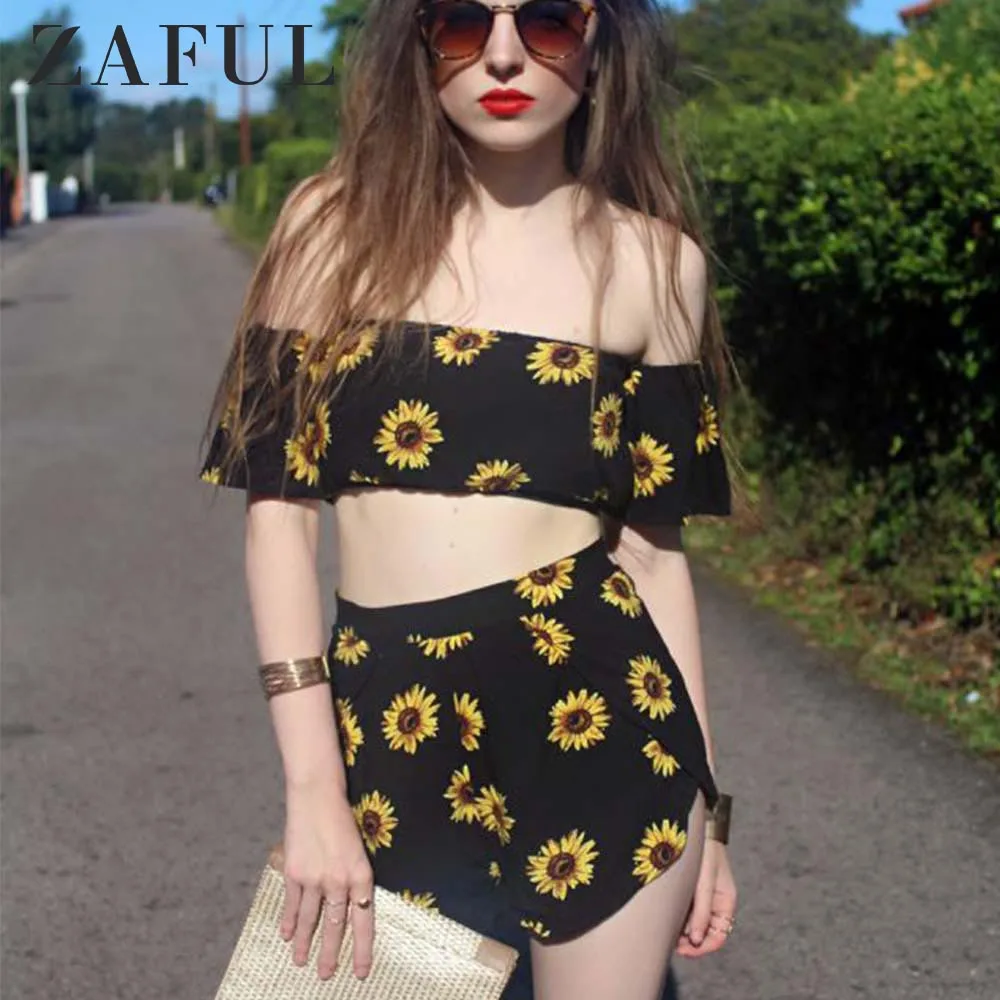 Women Off Shoulder Two Piece Sunflower Printed Beachwear Casual Crop Tops Set 