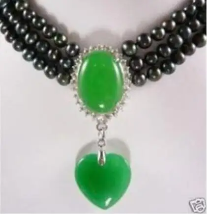 

Shipping>> new hot Natural 3 rows 7-8mm black pearl necklace green jadeite jade pendant