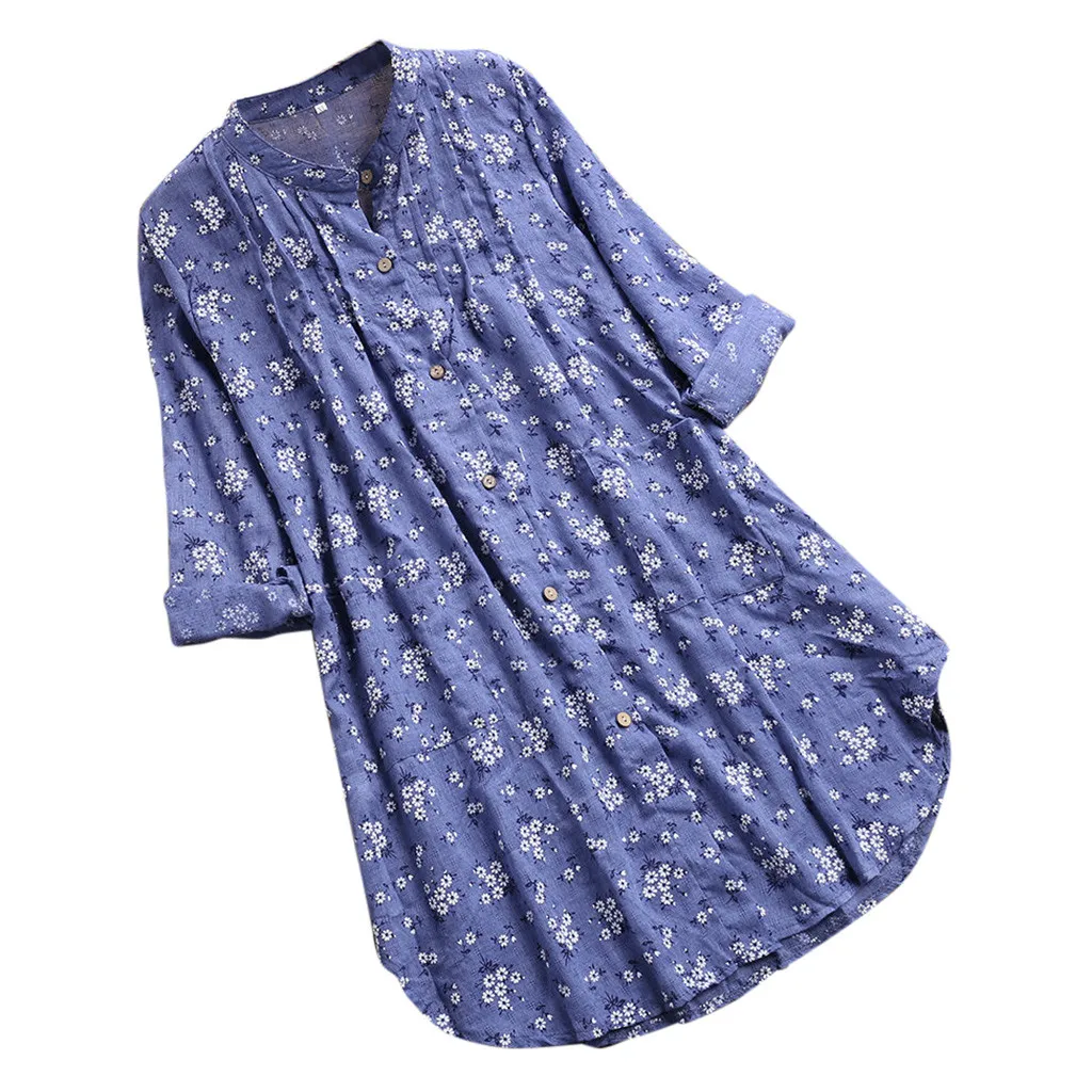 Женские блузки с v-образным вырезом, плиссированные, цветочный принт, длинный рукав, повседневные топы, блузка, блузки, Lange Mouwen Blusas, женские топы - Цвет: Sky Blue